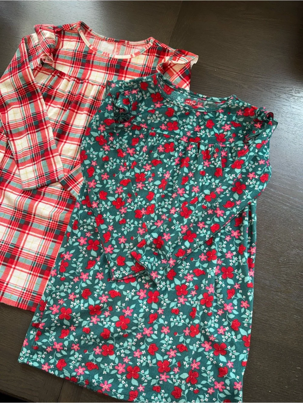 2 Cat & Jack Girl Long Sleeve Holiday Pajama Gowns Red Plaid & Green Floral Sz8